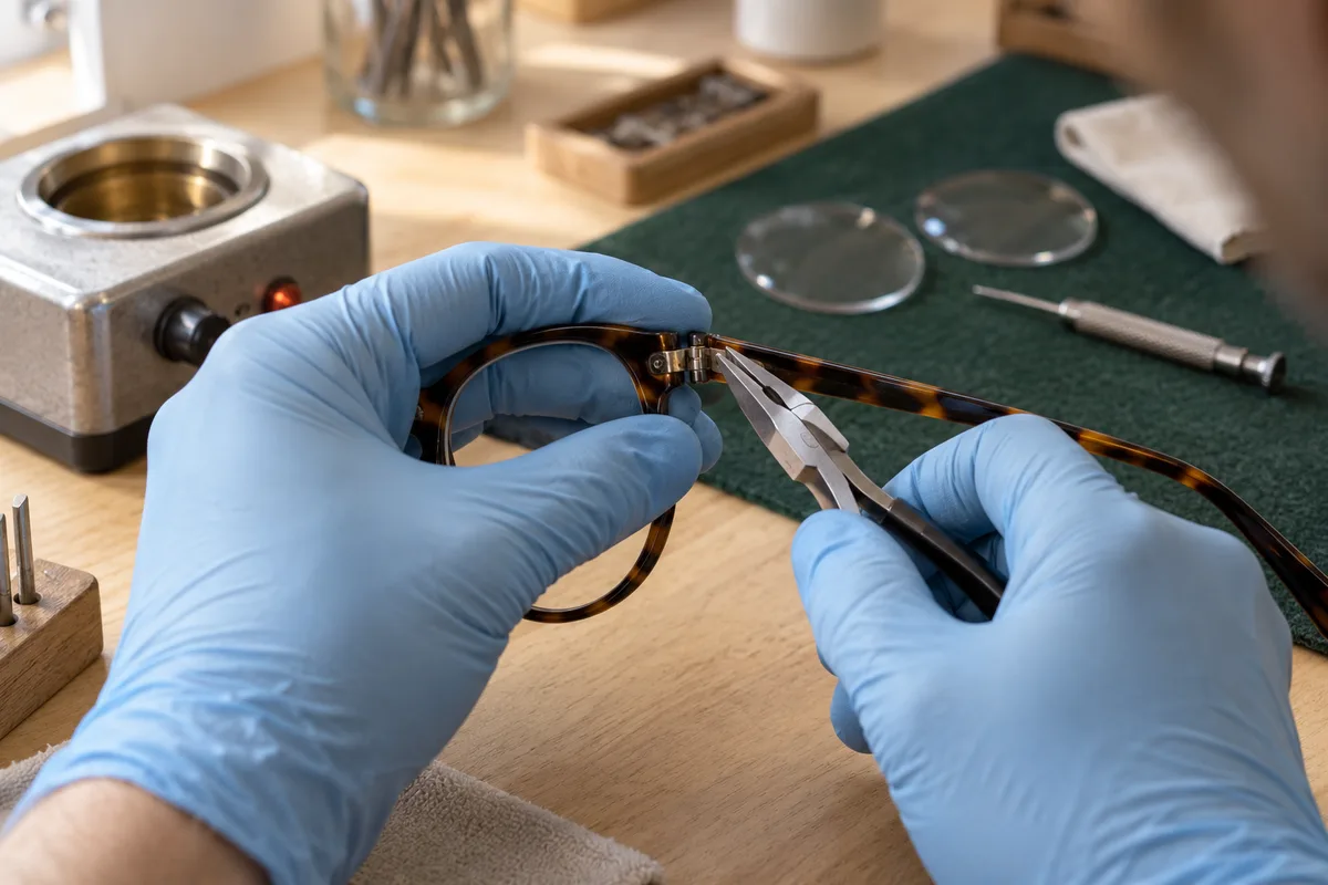 Mains gantées ajustant une monture de lunettes sur un établi d&rsquo;optique