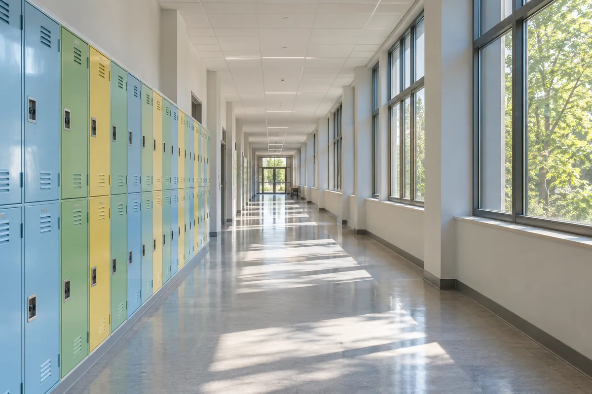 Couloir lumineux d&rsquo;un établissement de formation bordé de casiers aux couleurs unies