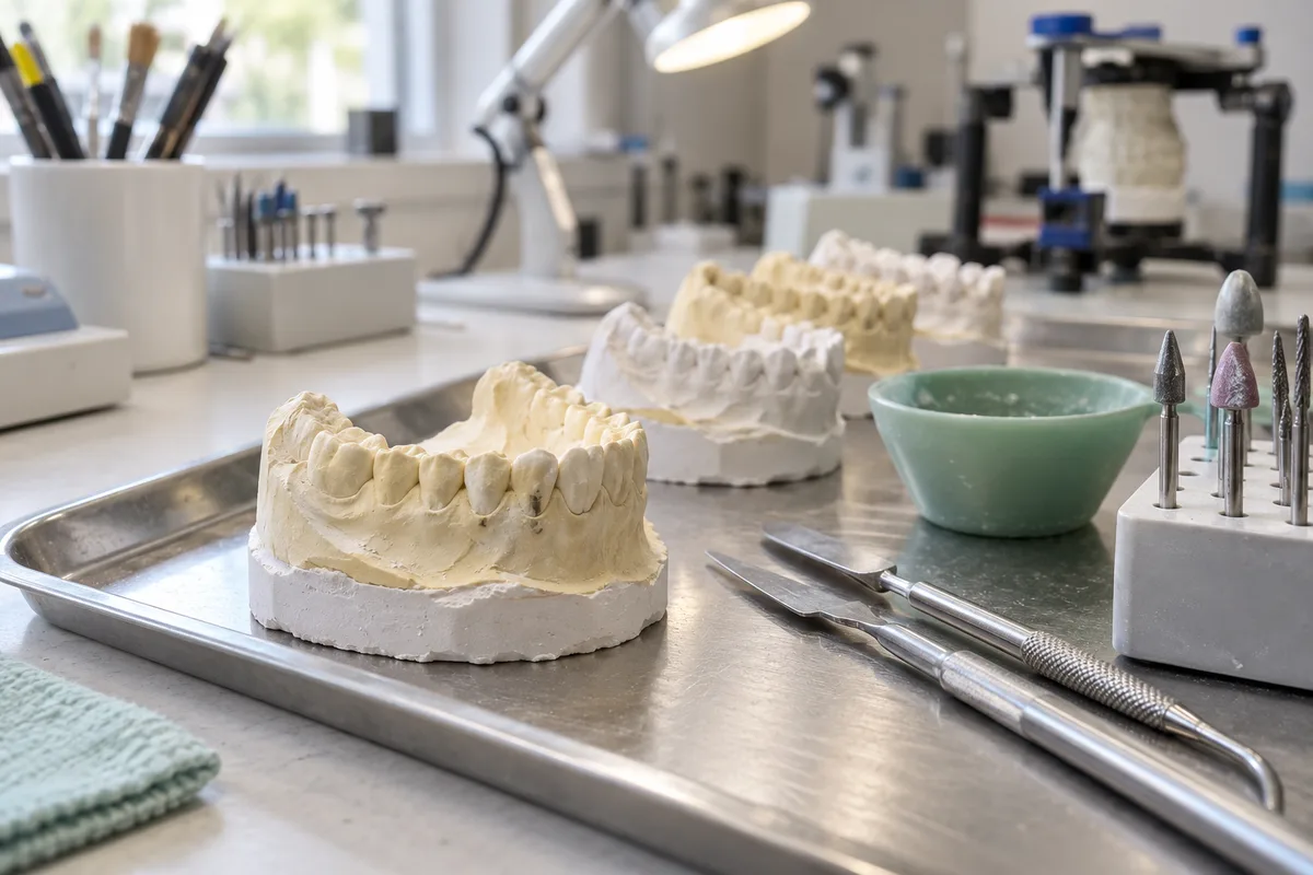 Modèles dentaires en plâtre alignés sur un plateau dans un laboratoire de prothèse