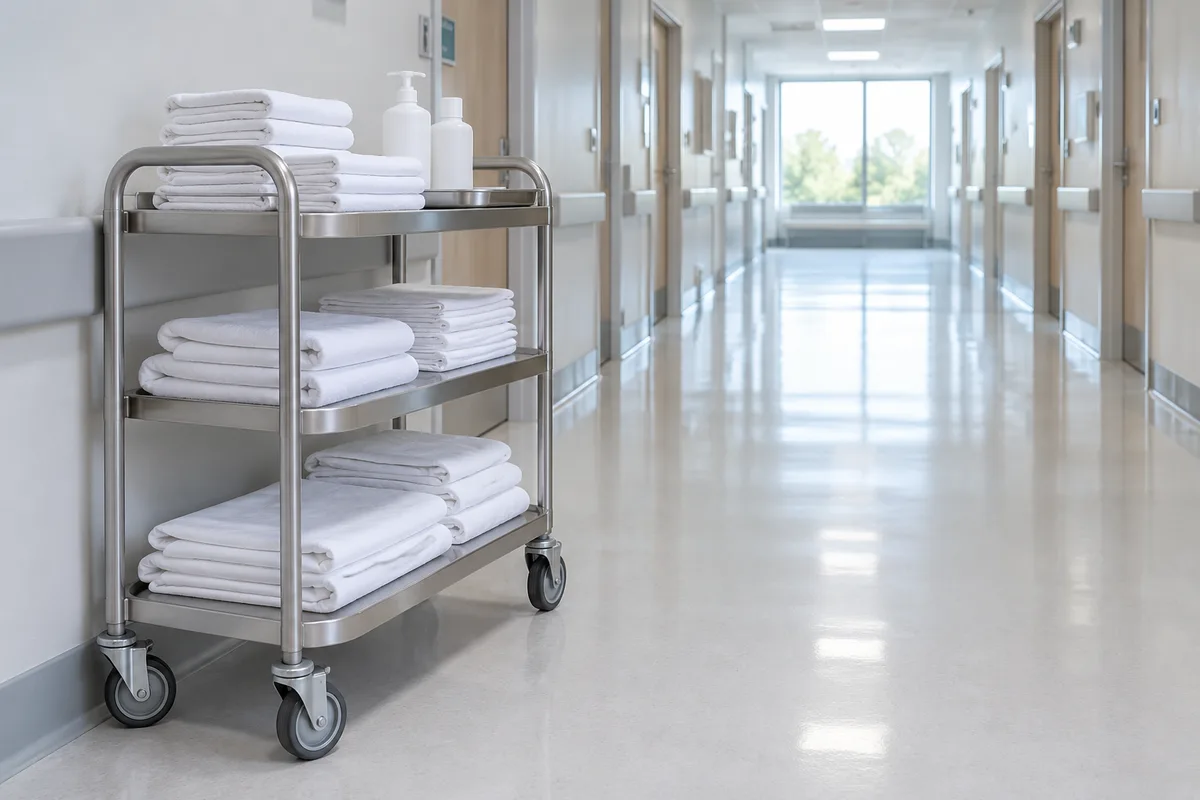 Chariot de soins en inox chargé de linge plié dans un couloir d’hôpital clair