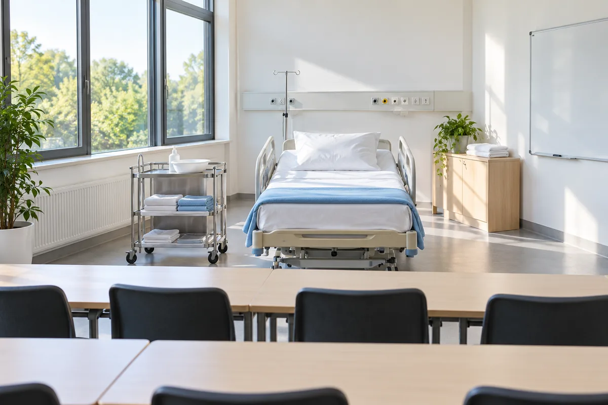 Salle de formation avec un lit médicalisé d’apprentissage aux draps tendus et des chaises vides
