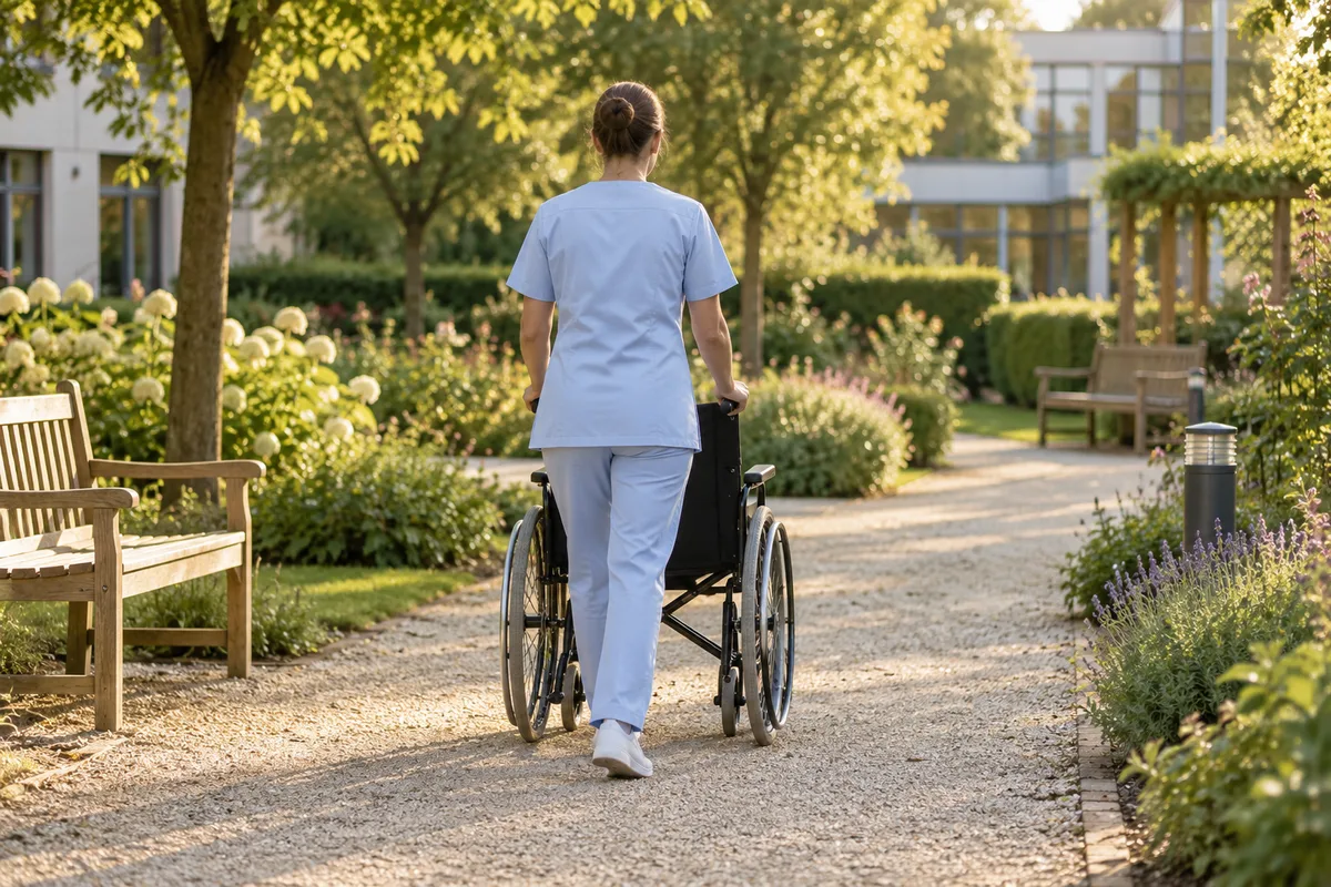 Soignante de dos poussant un fauteuil roulant vide dans le jardin d’un établissement