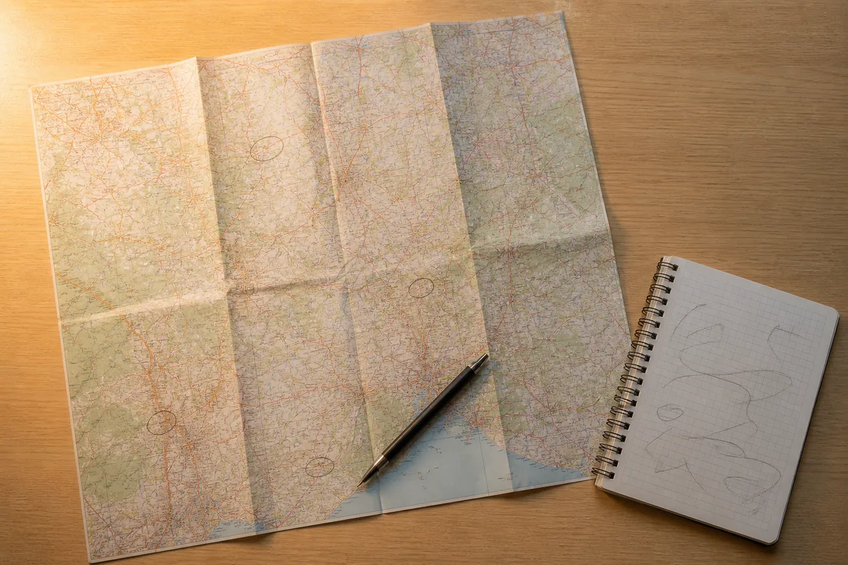 Carte régionale annotée posée sur un bureau avec un stylo et un carnet de notes