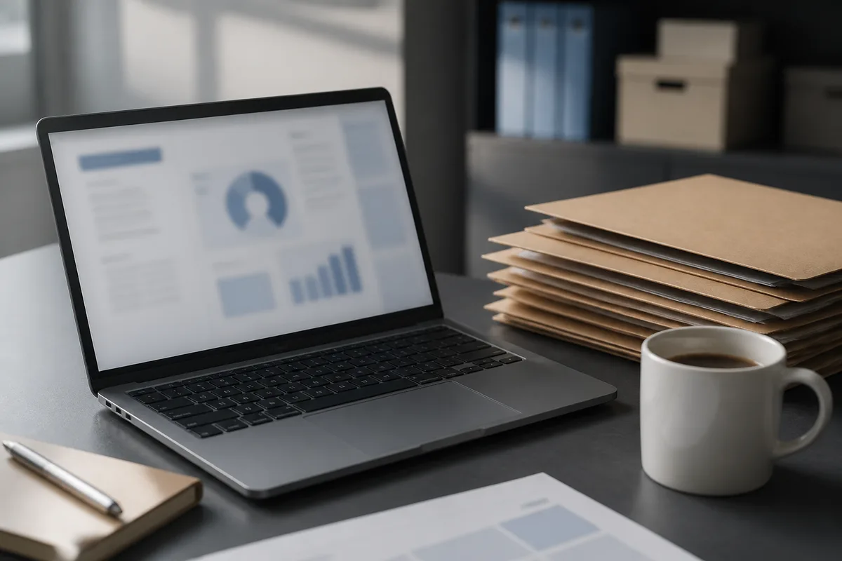 Poste de travail avec un ordinateur portable affichant un formulaire administratif et des documents classés