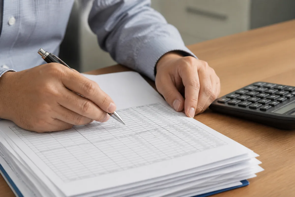 Mains d’un praticien remplissant un tableau de suivi budgétaire près d’une calculatrice