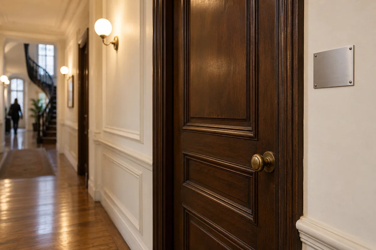 Porte palière en bois sombre portant une petite plaque en inox lisse à hauteur des yeux