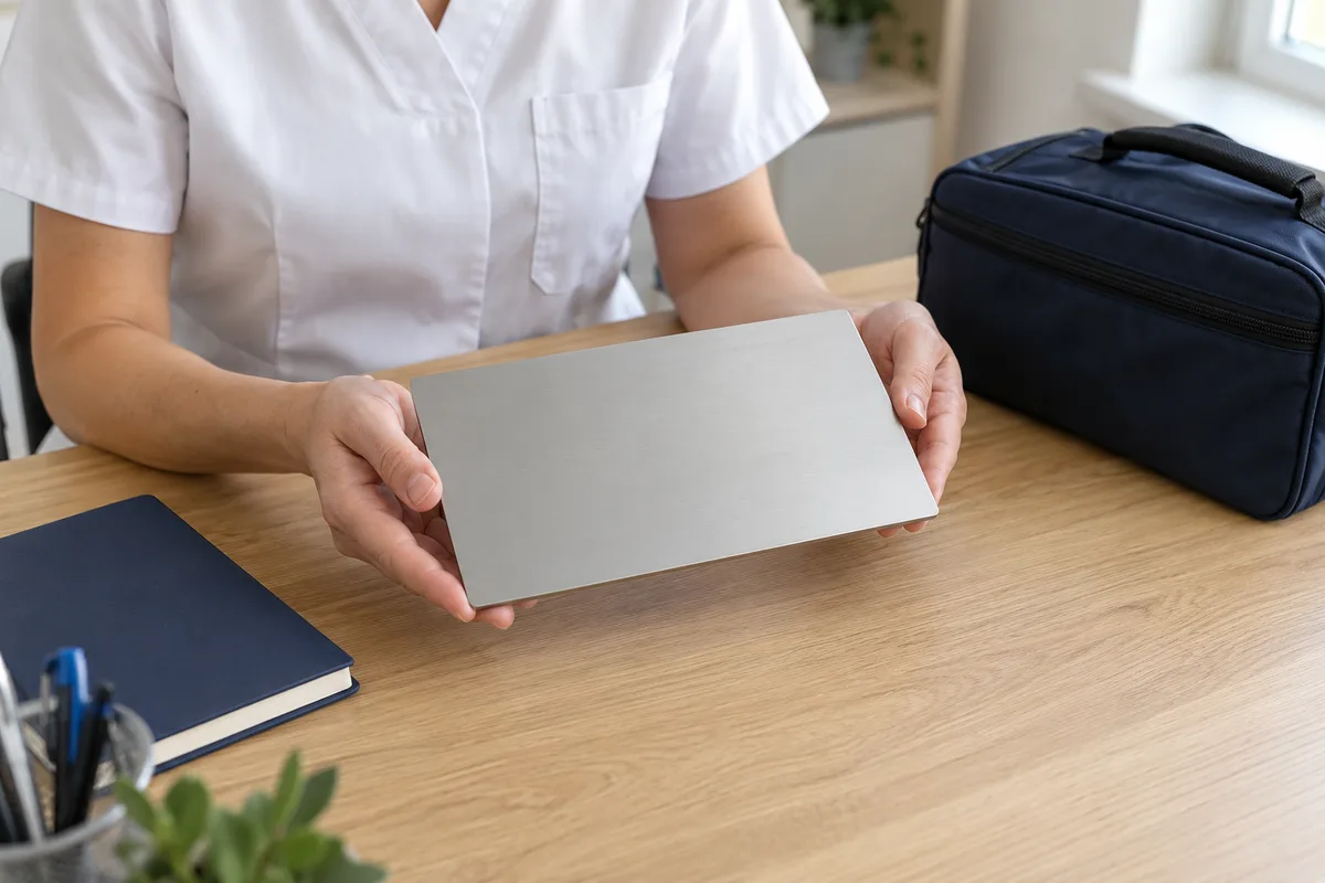 Mains d&rsquo;une soignante tenant une plaque en aluminium anodisé nue au-dessus d&rsquo;un bureau en bois