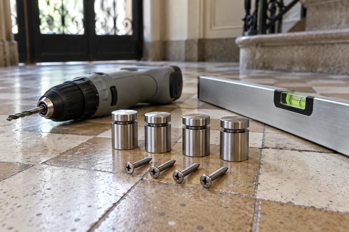 Entretoises en inox et perceuse posées sur le carrelage d&rsquo;un hall d&rsquo;immeuble