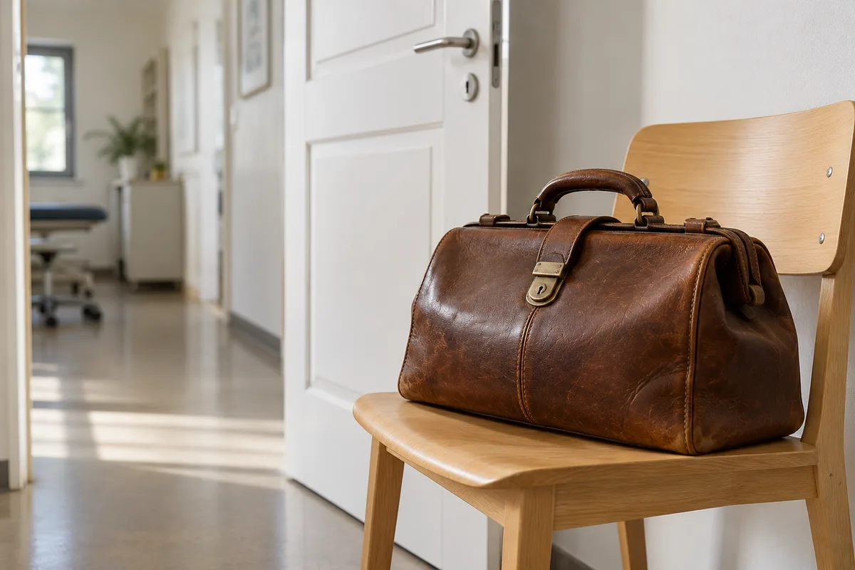 Mallette de soignant en cuir fermée posée sur une chaise près d&rsquo;une porte claire