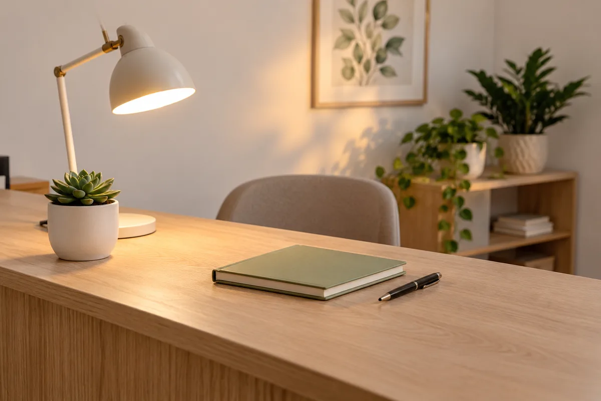 Bureau d&rsquo;accueil en bois clair avec un agenda fermé à couverture unie et une lampe allumée