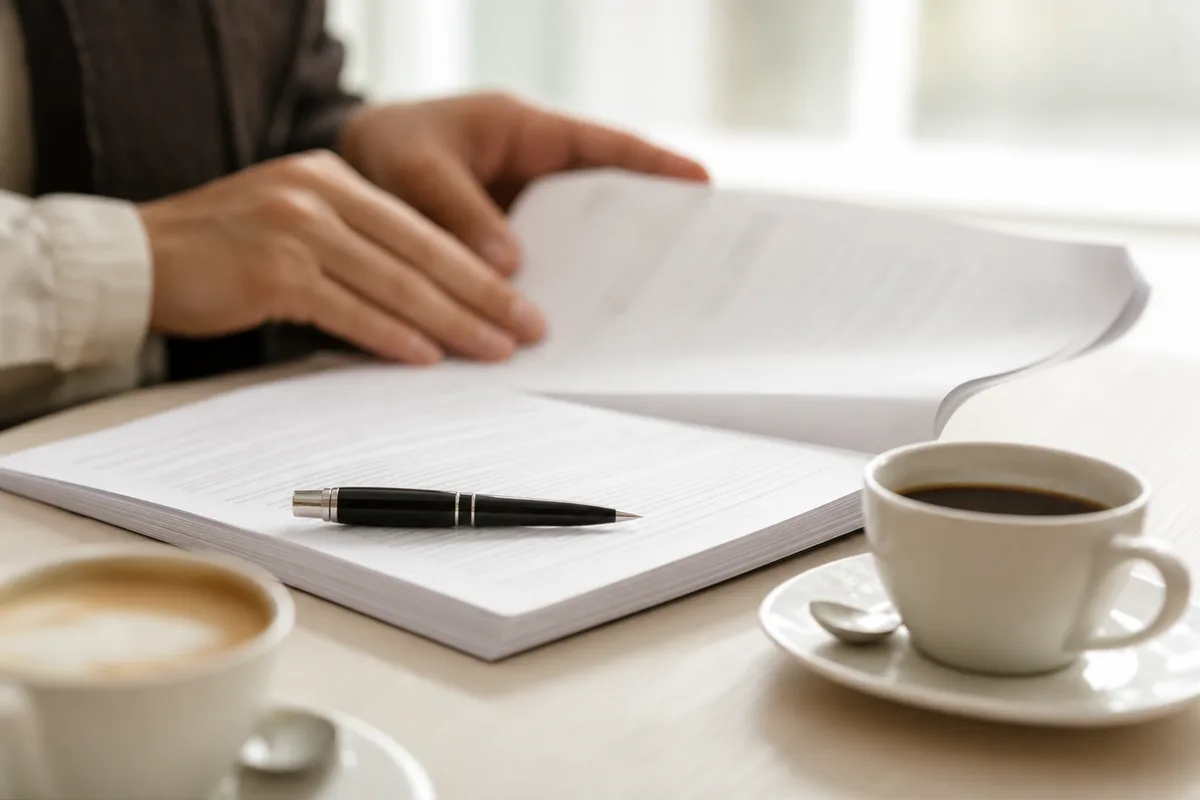 Deux professionnels de santé relisant ensemble un contrat de remplacement sur un bureau