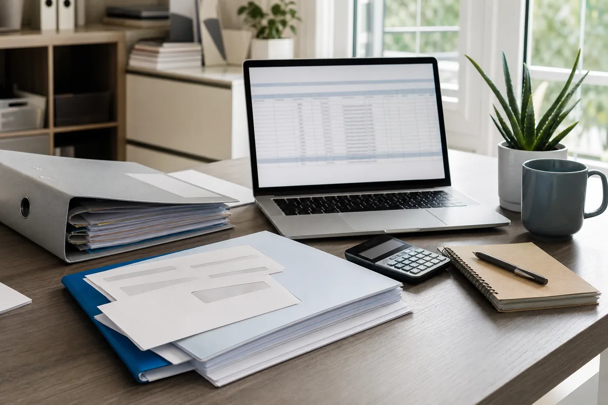 Bureau de remplaçant libéral avec ordinateur, factures et documents administratifs organisés