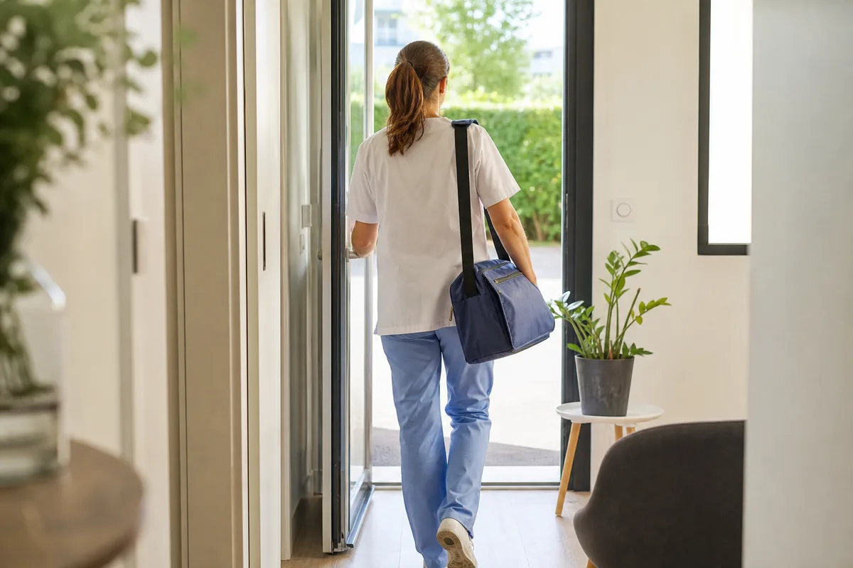 Professionnelle de santé libérale en tenue, sac de soins à l’épaule, prête à démarrer une tournée